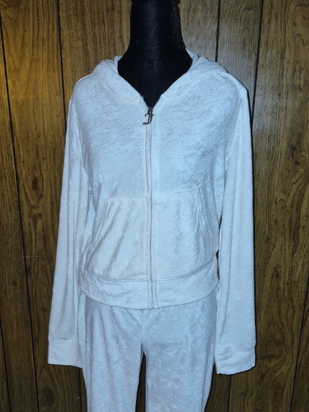 Juicy Couture Cream Plush Hooded Velour Jacket with Glitter Logo